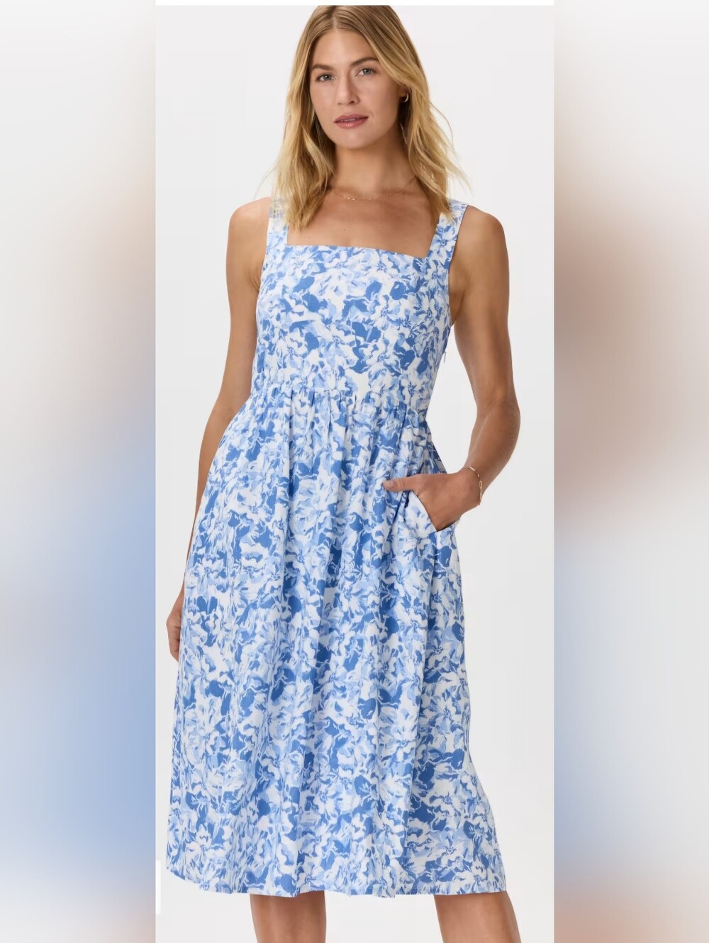 Quince European Blue Floral Square-Neck Fit & Flare Women’s Midi Dress Large
